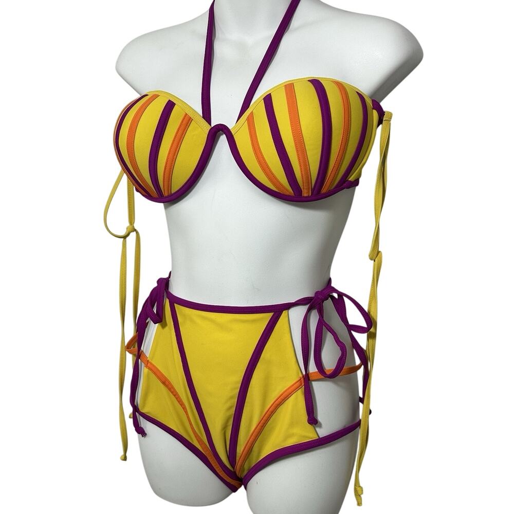 Andrea Iyamah Bikini Womens Yellow High Rise Sz XL Swimsuit Cut Out Resort Vacay - Picture 2 of 13